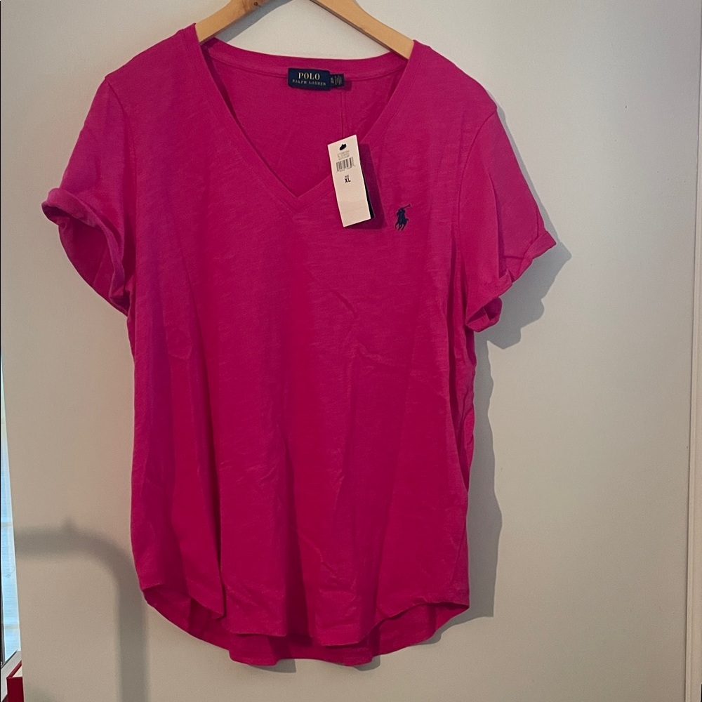 Polo by Ralph Lauren Women's Bright Pink V-Neck Tee